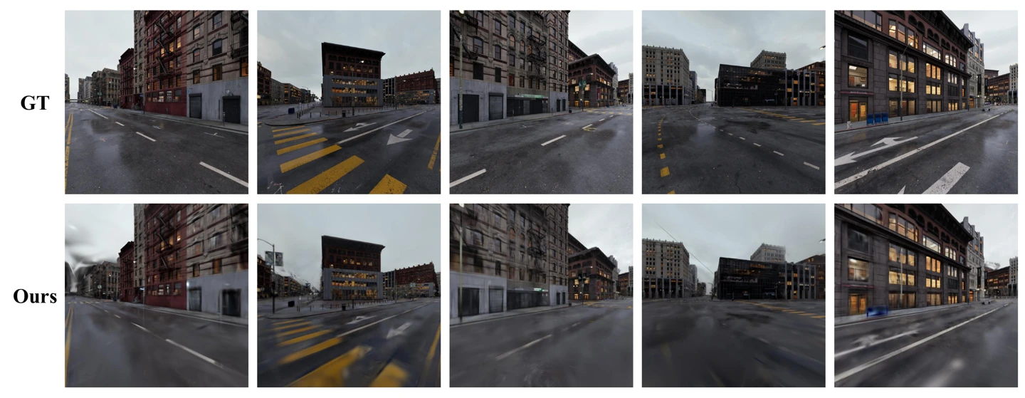 Ground-truth street views above corresponding BlockGaussian renderings