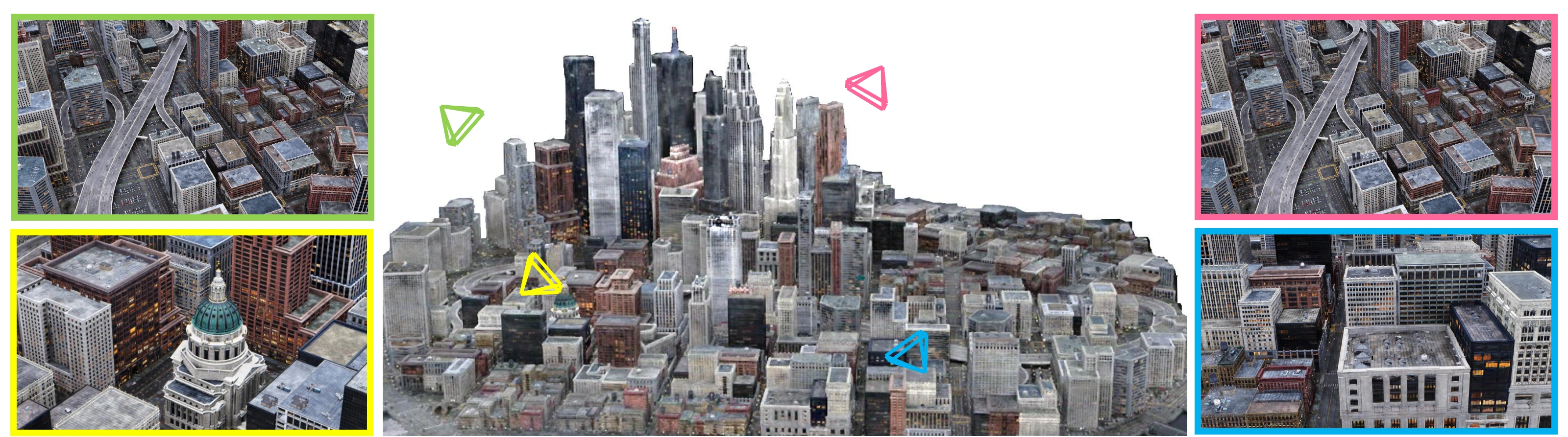 A reconstructed city with novel views from multiple camera positions